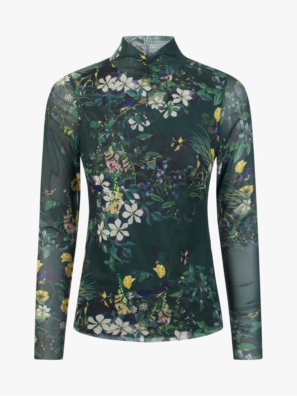 Ted Baker Kellina high neck mesh top black green floral long sleeve women size 0
